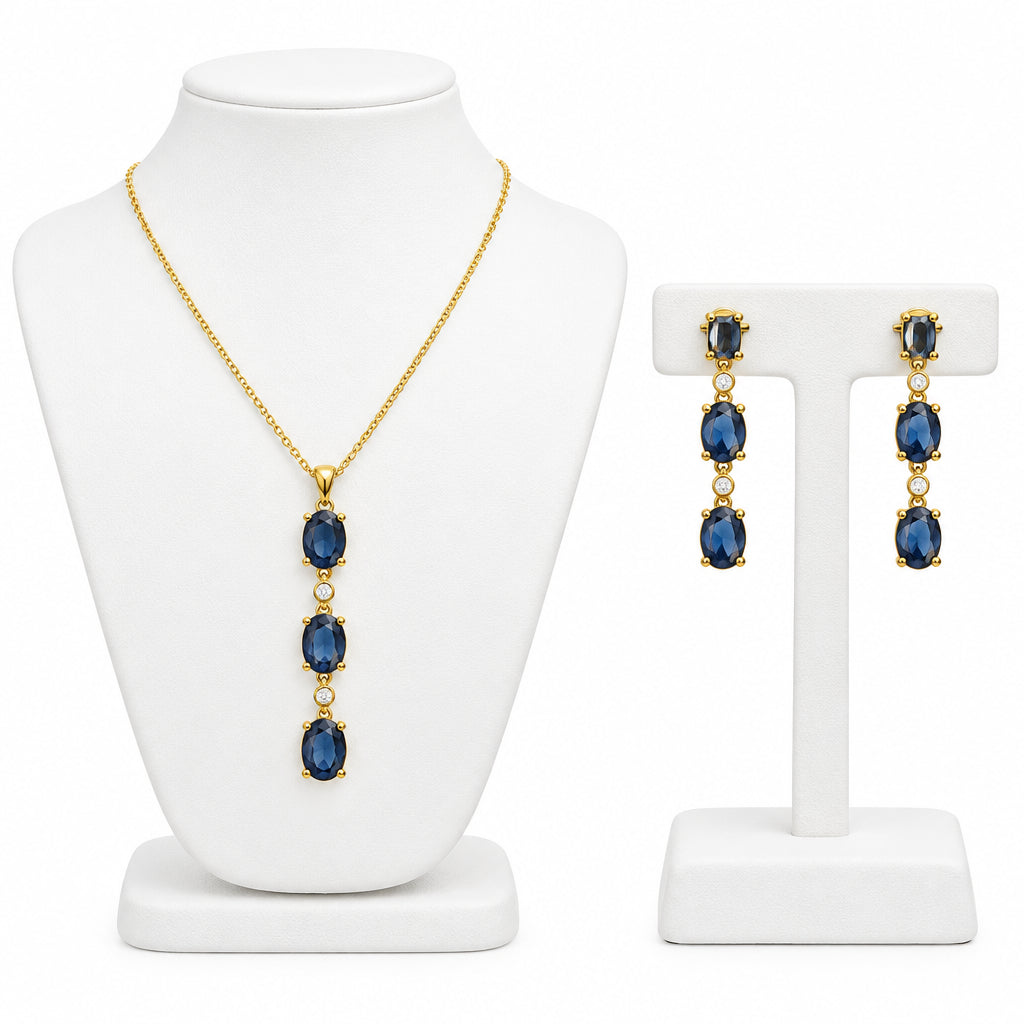 Gold Vermeil Set Necklace 20” Total and Drop Earrings With Blue CZ