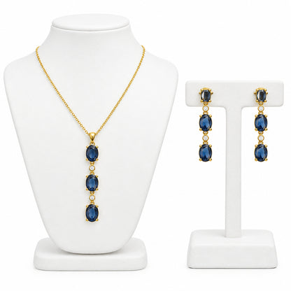 Gold Vermeil Set Necklace 20” Total and Drop Earrings With Blue CZ