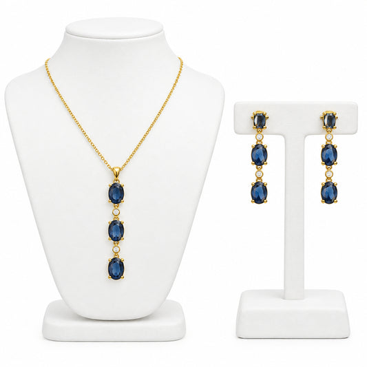 Gold Vermeil Set Necklace 20” Total and Drop Earrings With Blue CZ