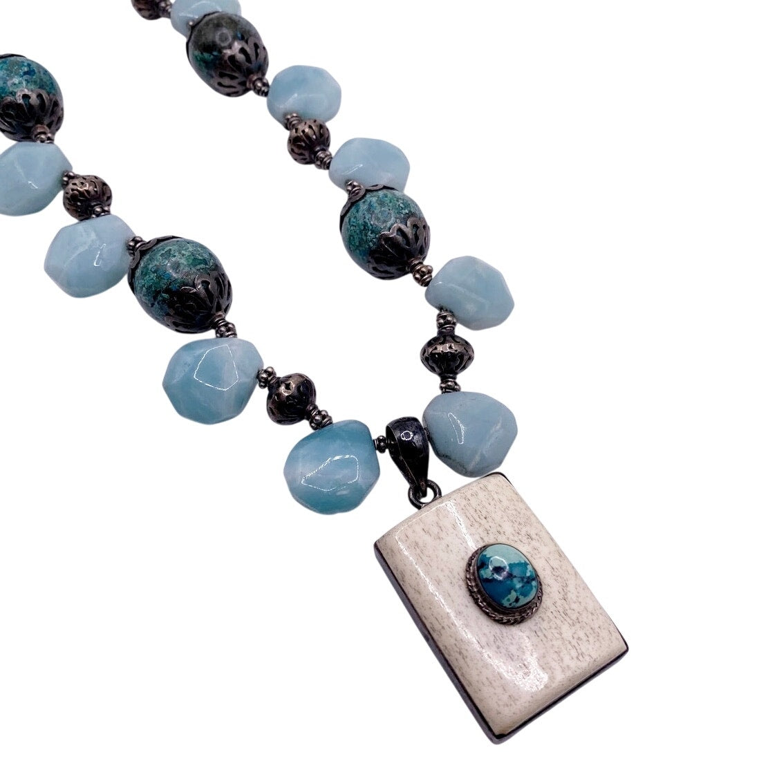 Sterling Silver and Gemstones Necklace, Amazonite, Turquoise and Bone Pendant