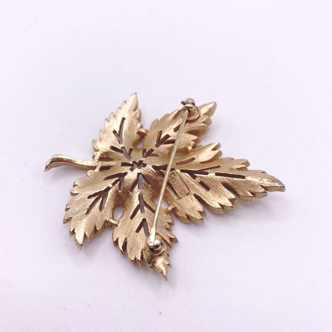 Vintage Trifari Signed Maple Leaf Brooch Gold Tone 2" long