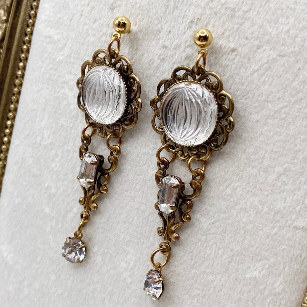 Vntg Dangling Earrings Filigree Brass with White Rhinestones and Glass Stones