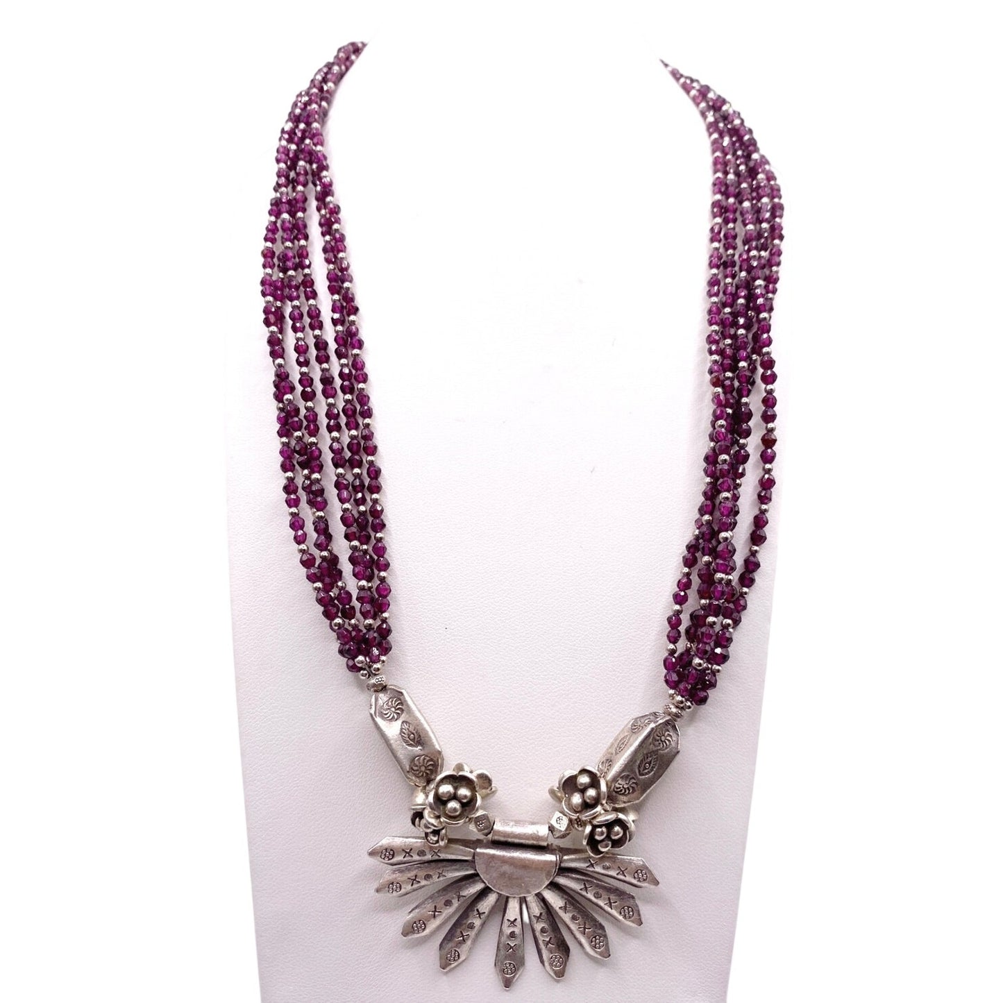Stunning Sterling Silver Multi strand Fuchsia Garnet Necklace 20”