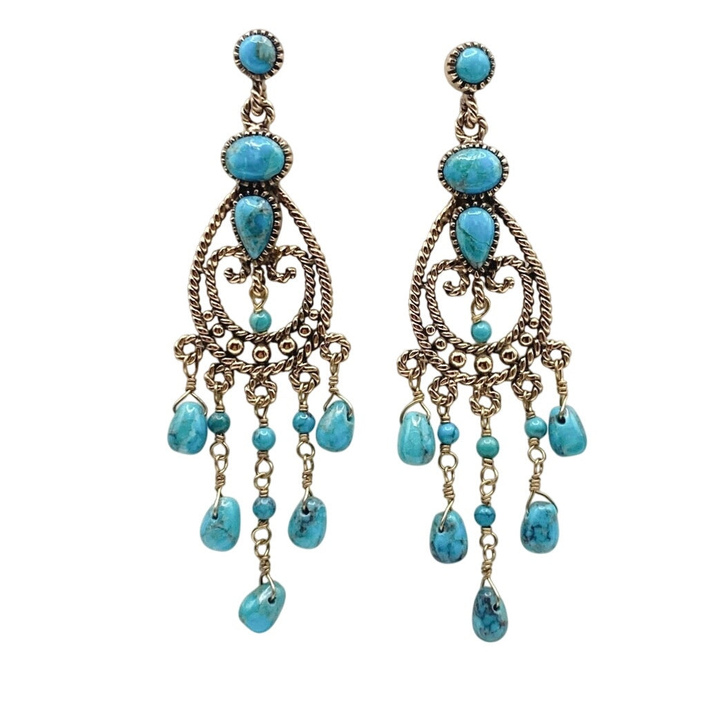 Barse Vintage Gold Filled And Turquoise Chandelier Dangling Studs Earrings 3”