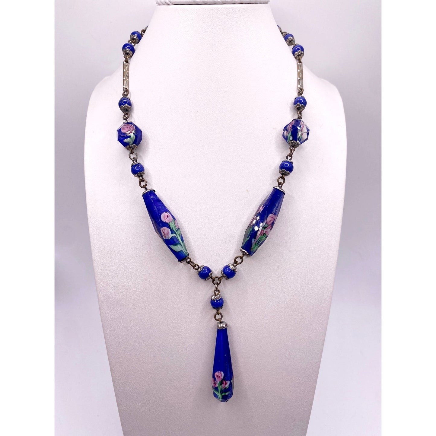Antique Cobalt Blue Czech Glass Beads Necklace Art Deco 14 inches long Neckline