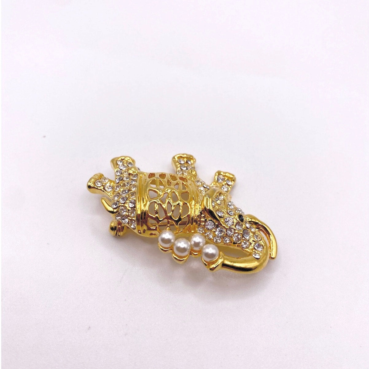 Gold Tone Elephant Brooch with Faux Pearls and Rhinestones