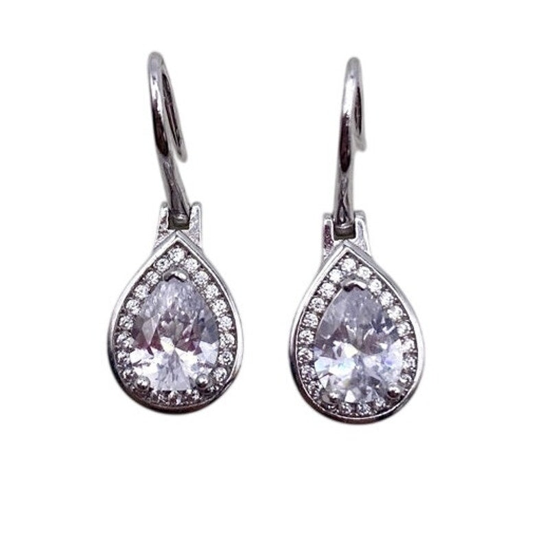 Sterling Silver Earrings with Dangling White Cubic Zirconia Tear Drop 1cm