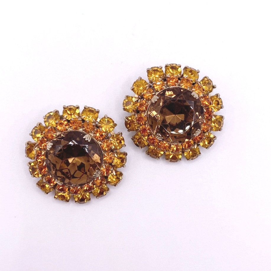 Vntg Yellow Topaz Tone Austrian Crystals Large Clip On Earrings