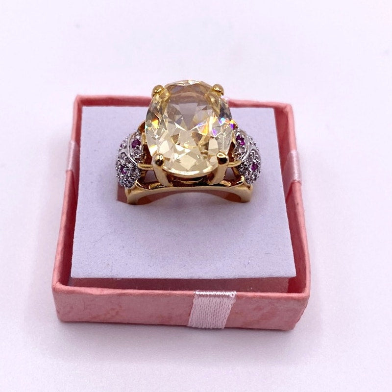 Gold Electroplated Cocktail Ring with Lab Created Rubies and large Yellow Topaz Size 7