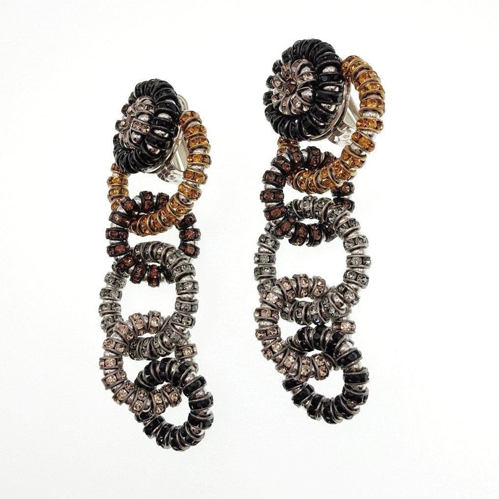 Sparkly Vintage Clip on Earrings Rhinestones Links Chain Dangling Long 2'