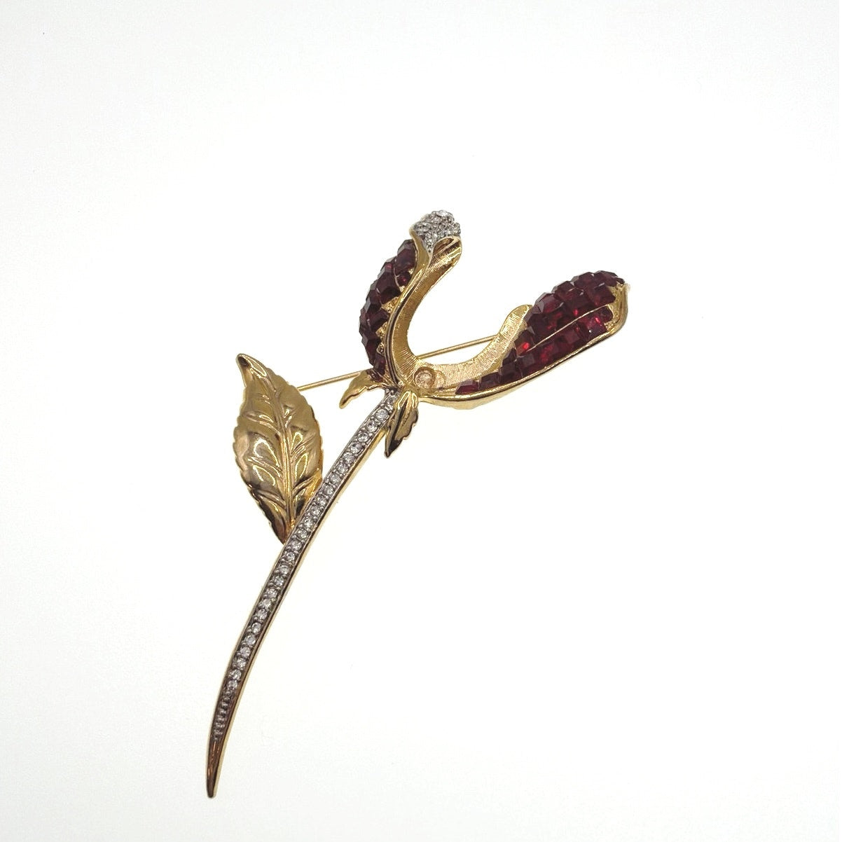 Vintage Flower Square Red Rhinestones Gold Tone 3.5”