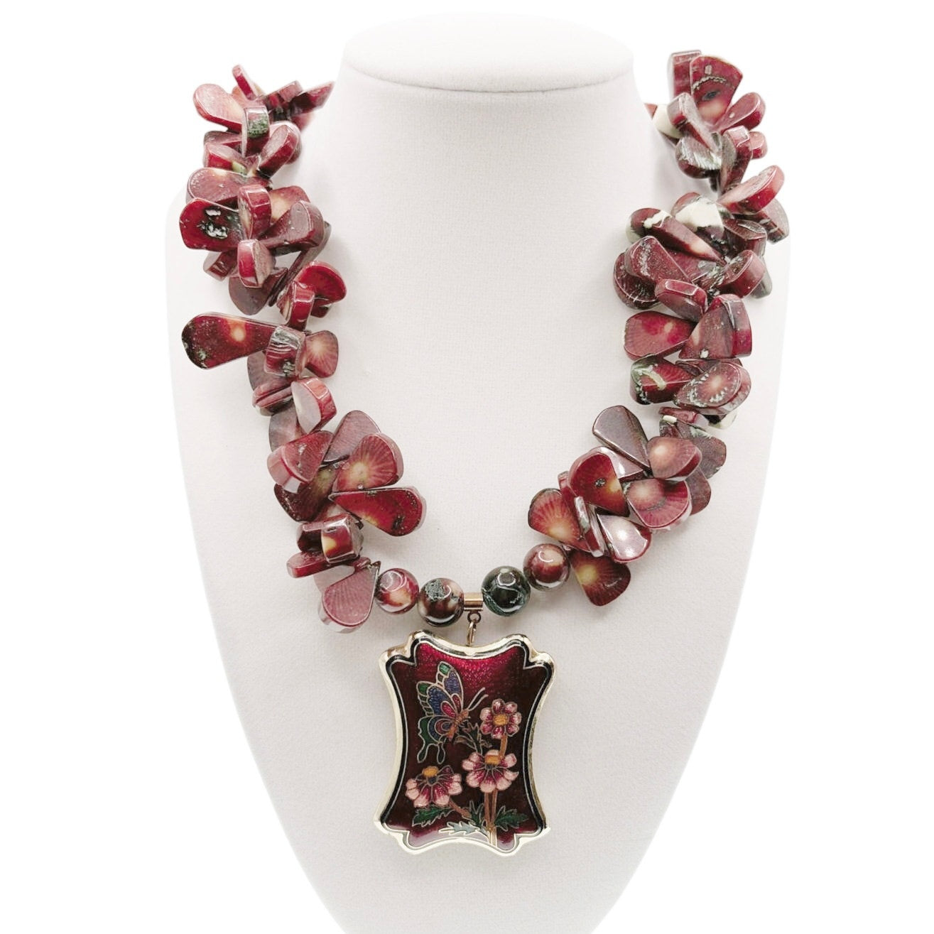 Red Coral Beaded Long Necklace With Chinese Cloisonné Pendant 20”