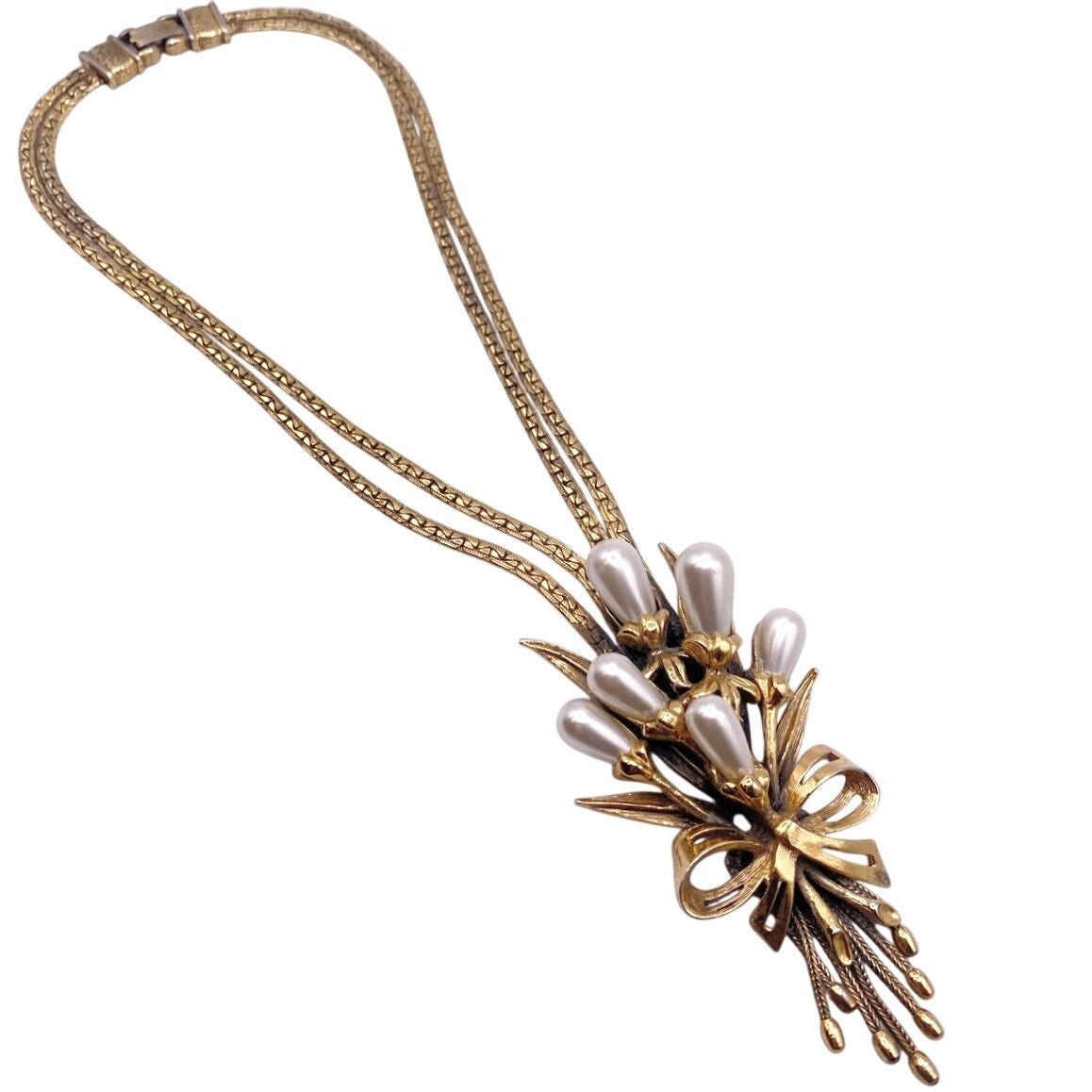 Ravana Vintage Faux Pearl Floral Bouquet Double Chain Necklace 18"
