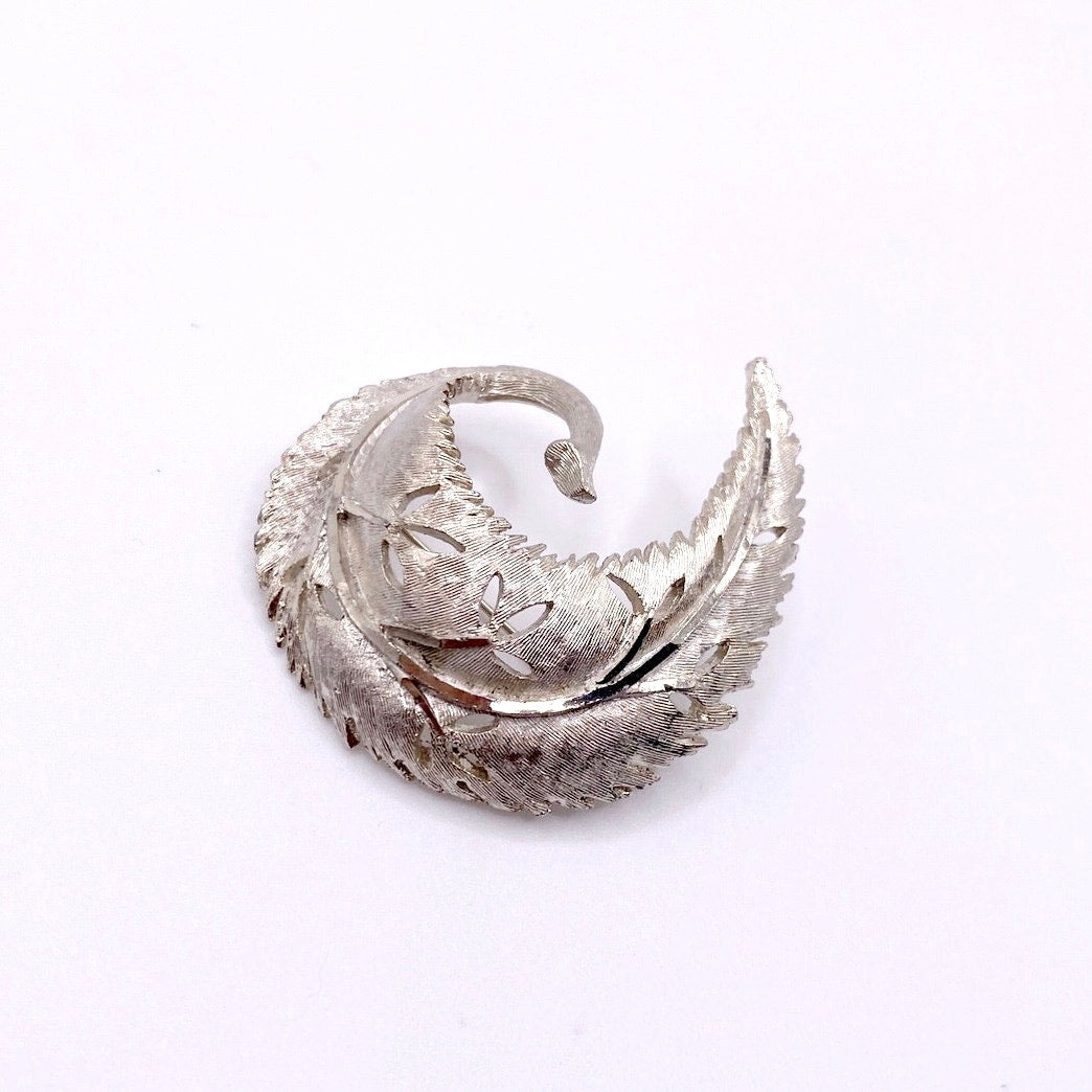 Vintage BSK Brooch Silver Tone Swirling Leaf
