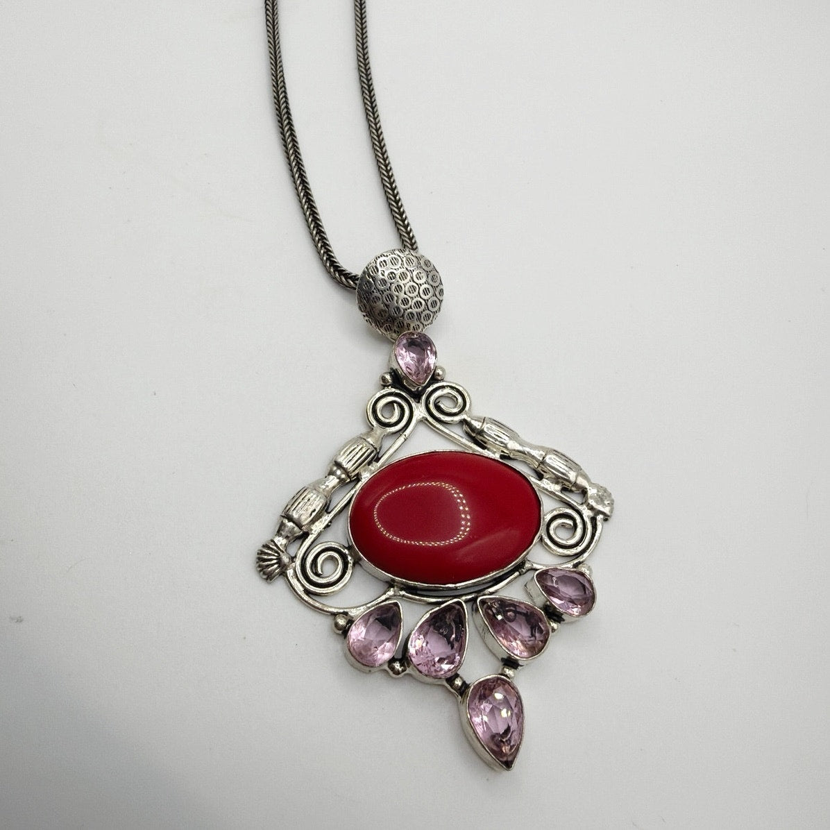 Sterling Silver Necklace 16" and Pendant 3" With Faux Coral and Amethyst Stones