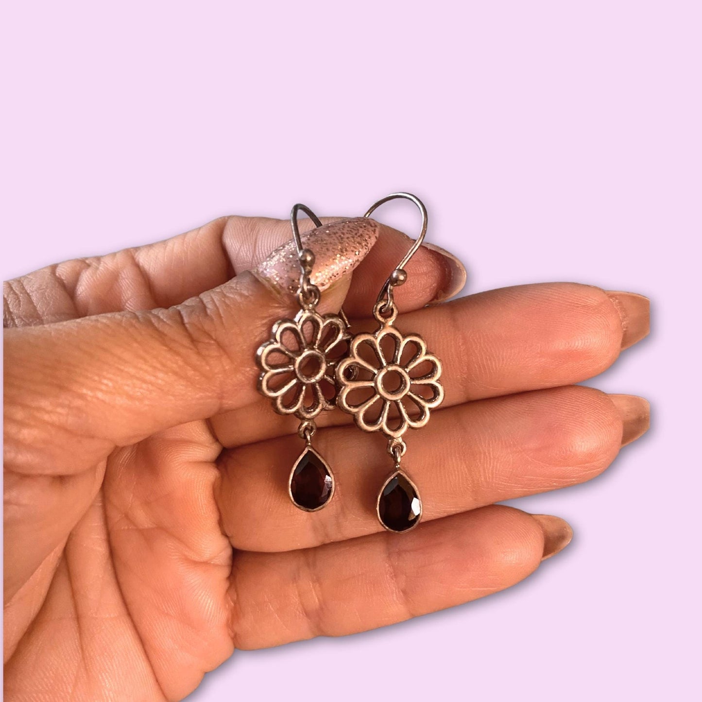 Flower Shape 925 Sterling and Garnet Earrings