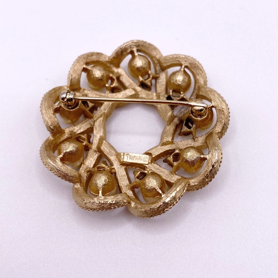 Crown Trifari Brooch With Faux Pearls