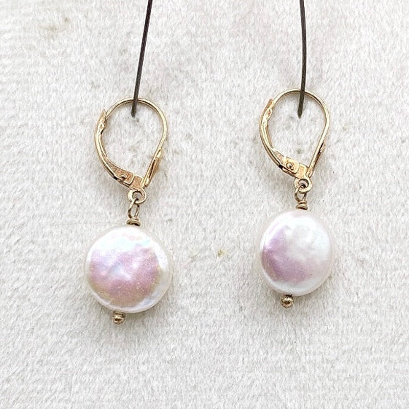 14k Gold and Pearl Leverback Earrings