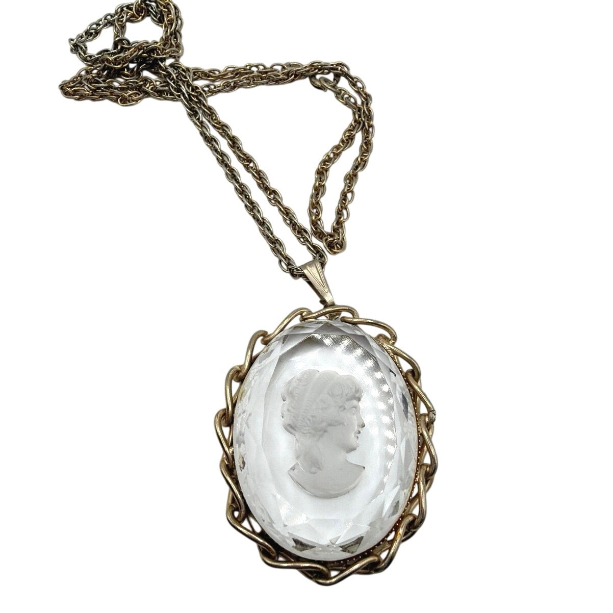 Vintage White Clear Intaglio Glass Cameo Pendant 2" On Large Necklace 22"