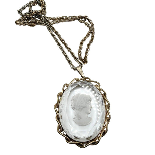 Vintage White Clear Intaglio Glass Cameo Pendant 2" On Large Necklace 22"
