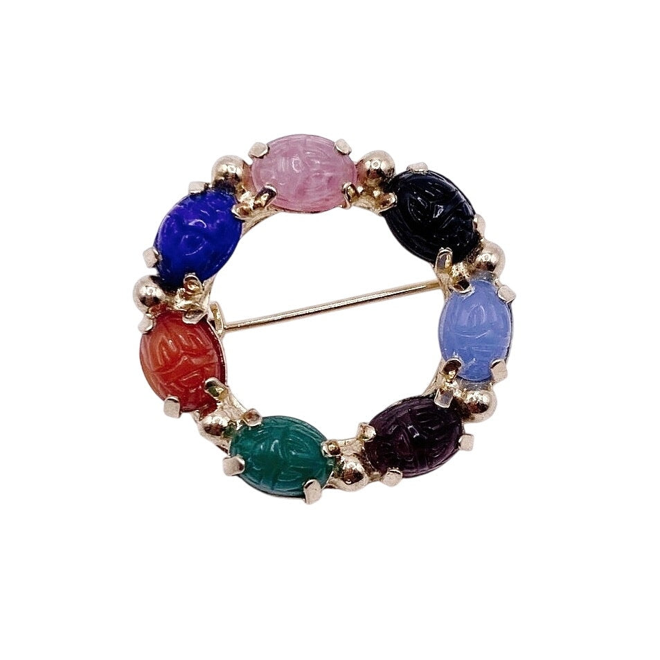 Vintage Egyptian Revival Scarab Gemstones Brooch 1” Long