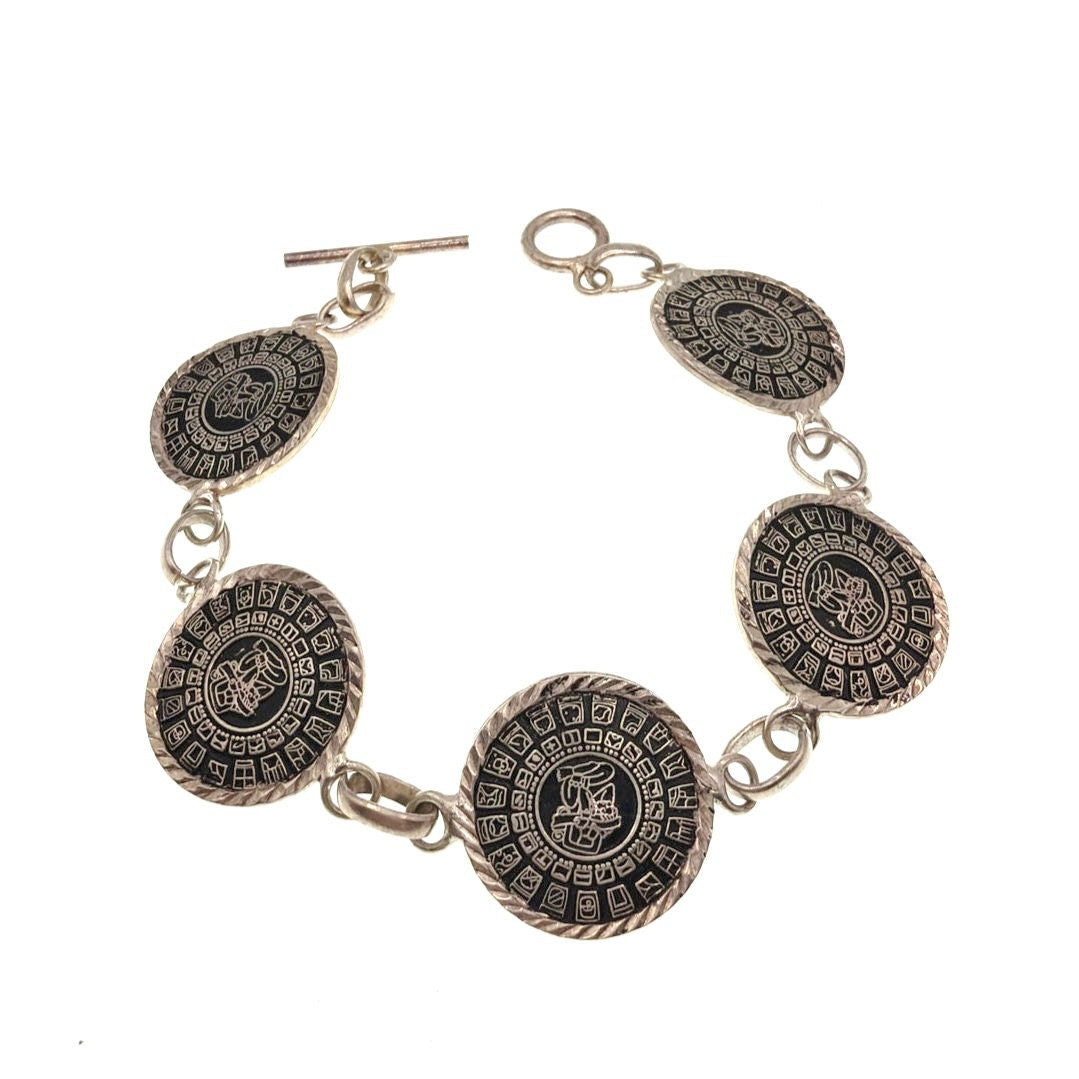 925 Sterling Silver Aztec Mayan Calendar Link Bracelet 7.5” Toggle Closure