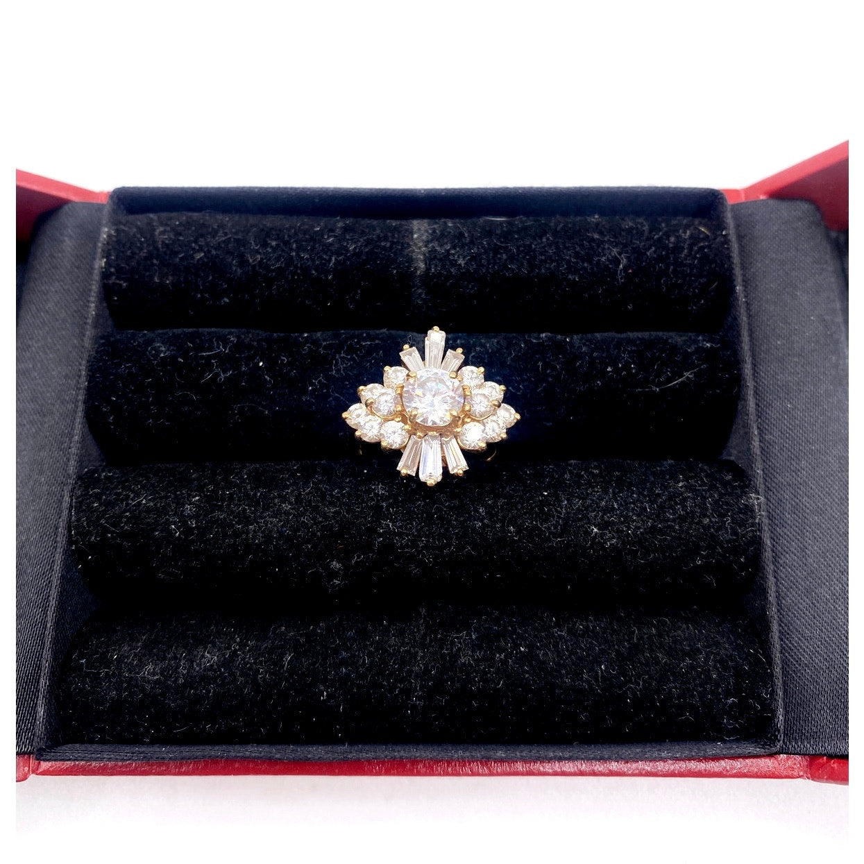 14k Solid Gold Ring with C Zirconia Crystals on Art Deco Design Size 6