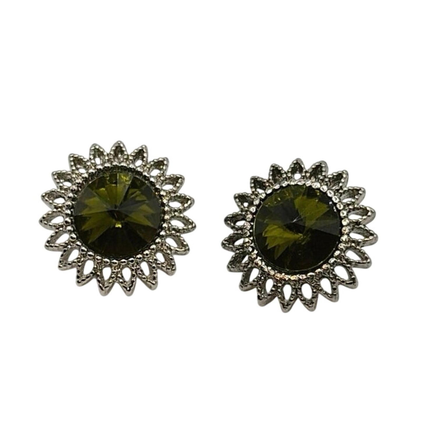 Forest Green Vintage Rivoli Rhinestone Stud Earrings Silver Tone