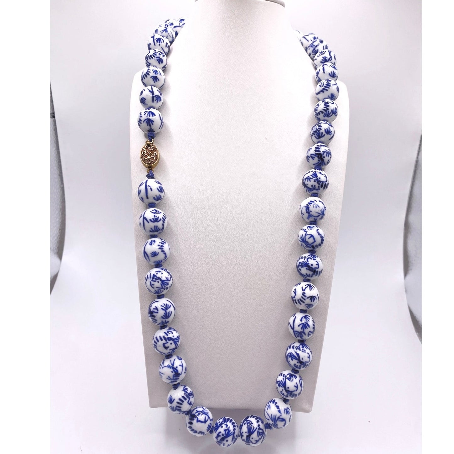 Vintage Chinese Necklace Hand Painted Blue and White Porcelain Beads 22”