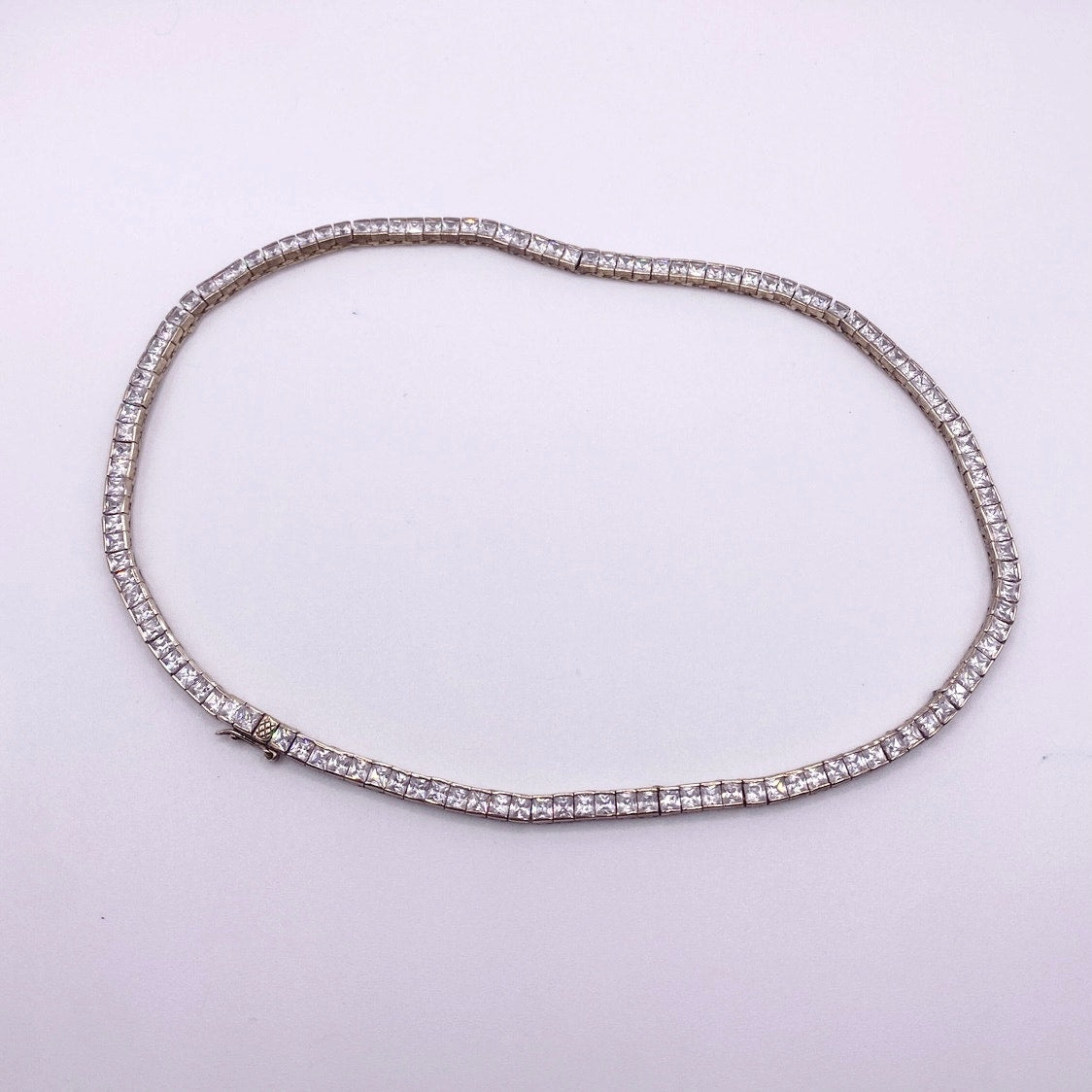 St Silver Square CZ Tenis Necklace Gold Plated 32”