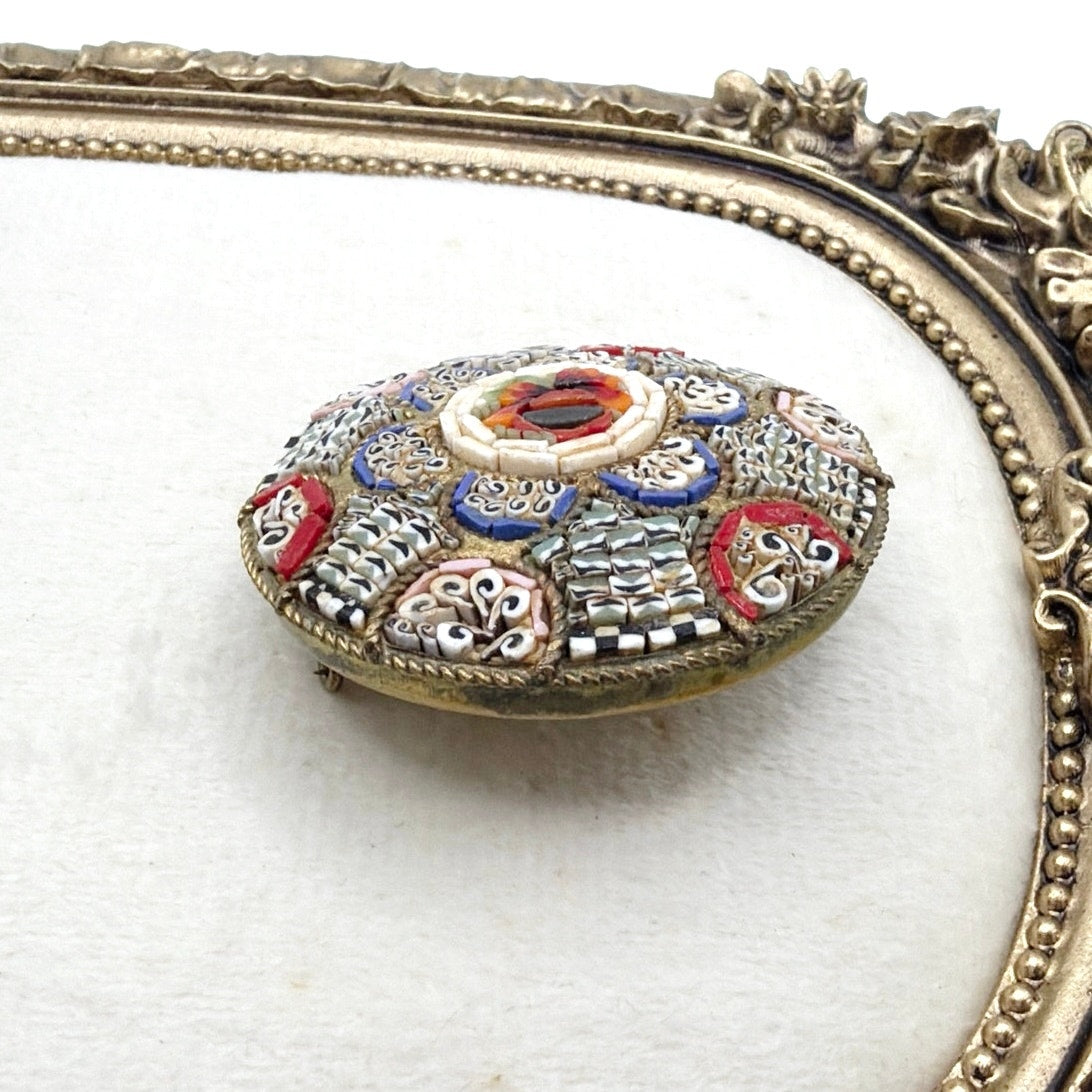 Micro Mosaic Vintage Floral Italian Brooch 1.5” Signed on Brass