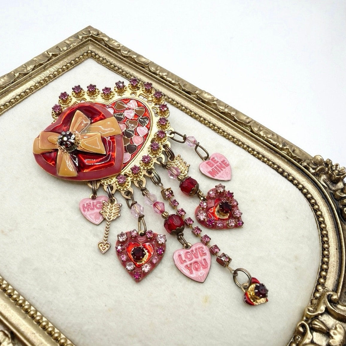 Lunch At The Ritz Pink Valentine Heart Vintage Brooch with Dangling Charms