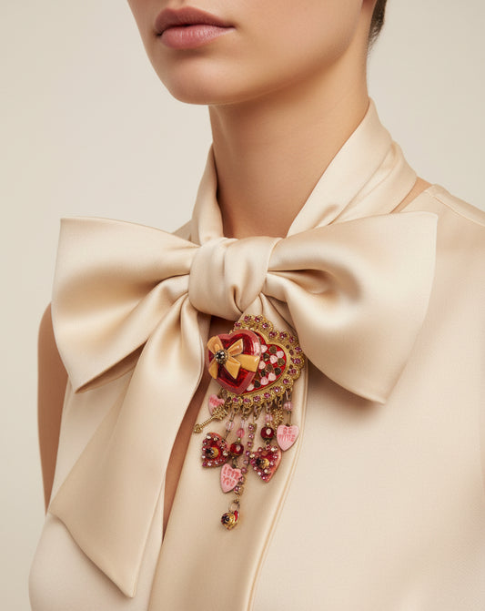 Lunch At The Ritz Pink Valentine Heart Vintage Brooch with Dangling Charms
