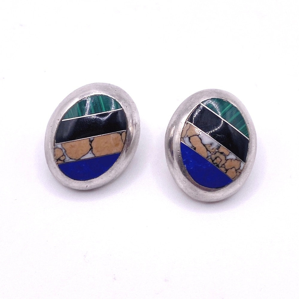 Sterling Silver and Inlaid Gemstones Studs Earrings 2.5cm Long