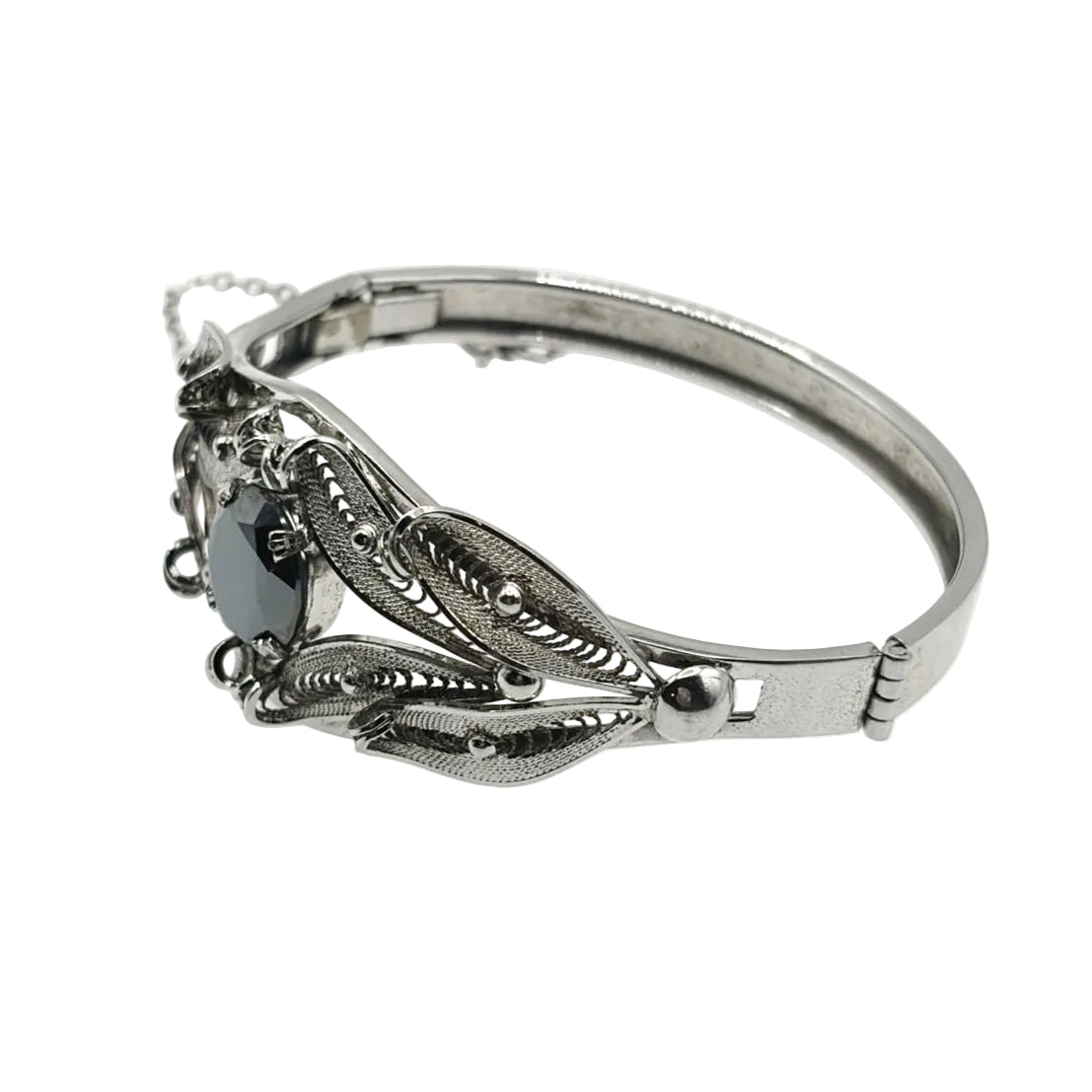 Sorrento Sterling Silver Hematite Filigree Hinged Bangle Bracelet 7”
