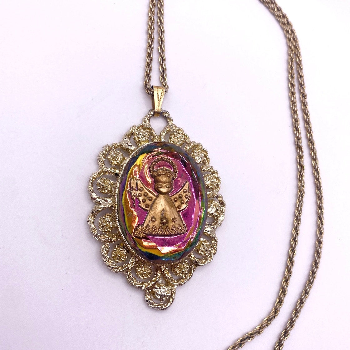 Vintage Glass Angel Intaglio Cameo Chrome Pendant 2" and Necklace 22” long