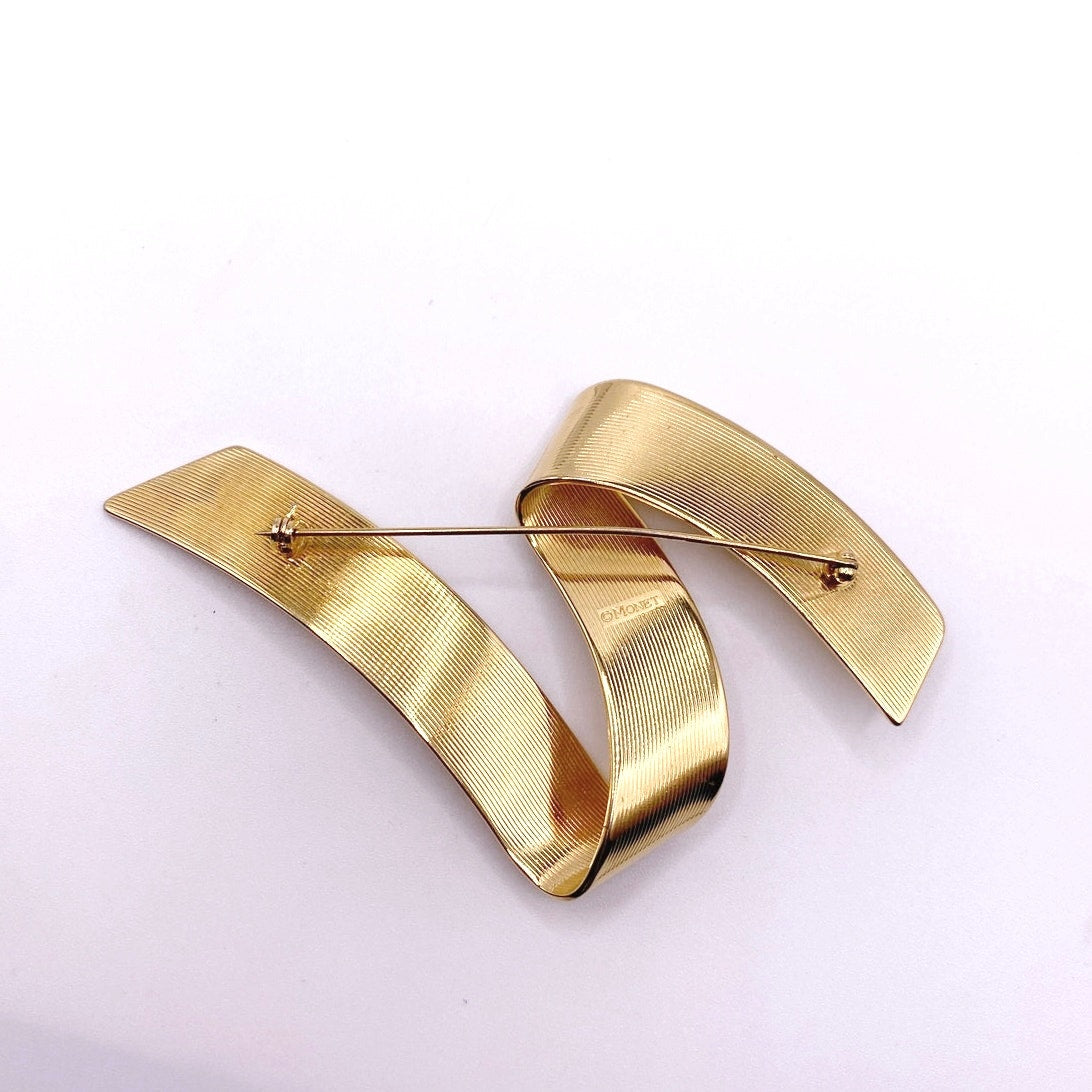 Monet Vintage Large Brooch Gold Tone Ribbon 4” long
