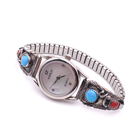 Navajo Sterling Silver Watch Stretchy Wrist Bracelet With Turquoise and Coral