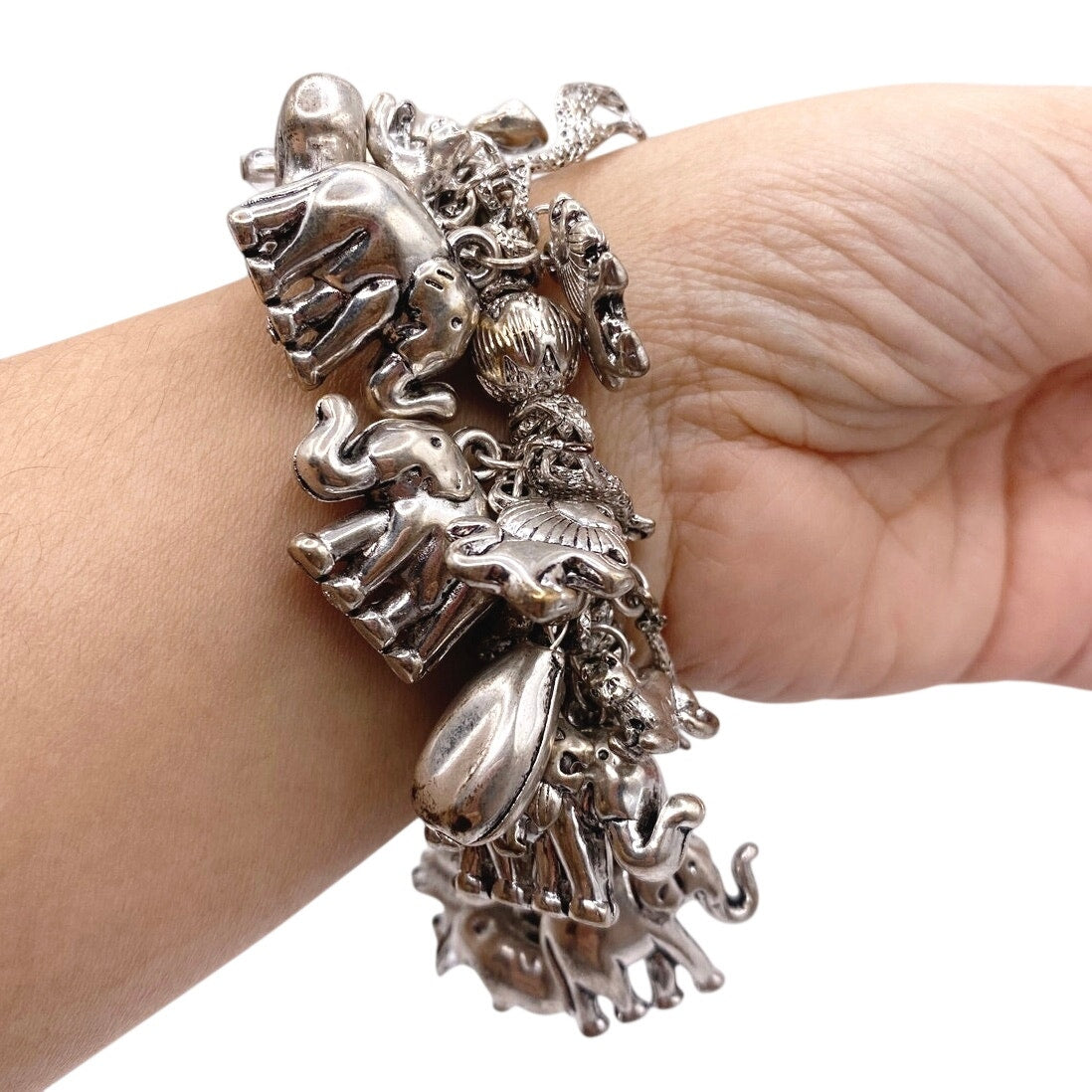 Safari African Animal Charms Stretchy Bracelet Silver Tone Size 7