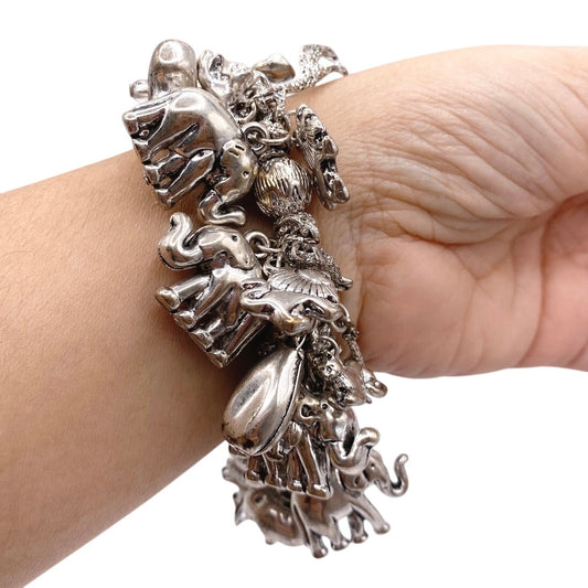 Safari African Animal Charms Stretchy Bracelet Silver Tone Size 7