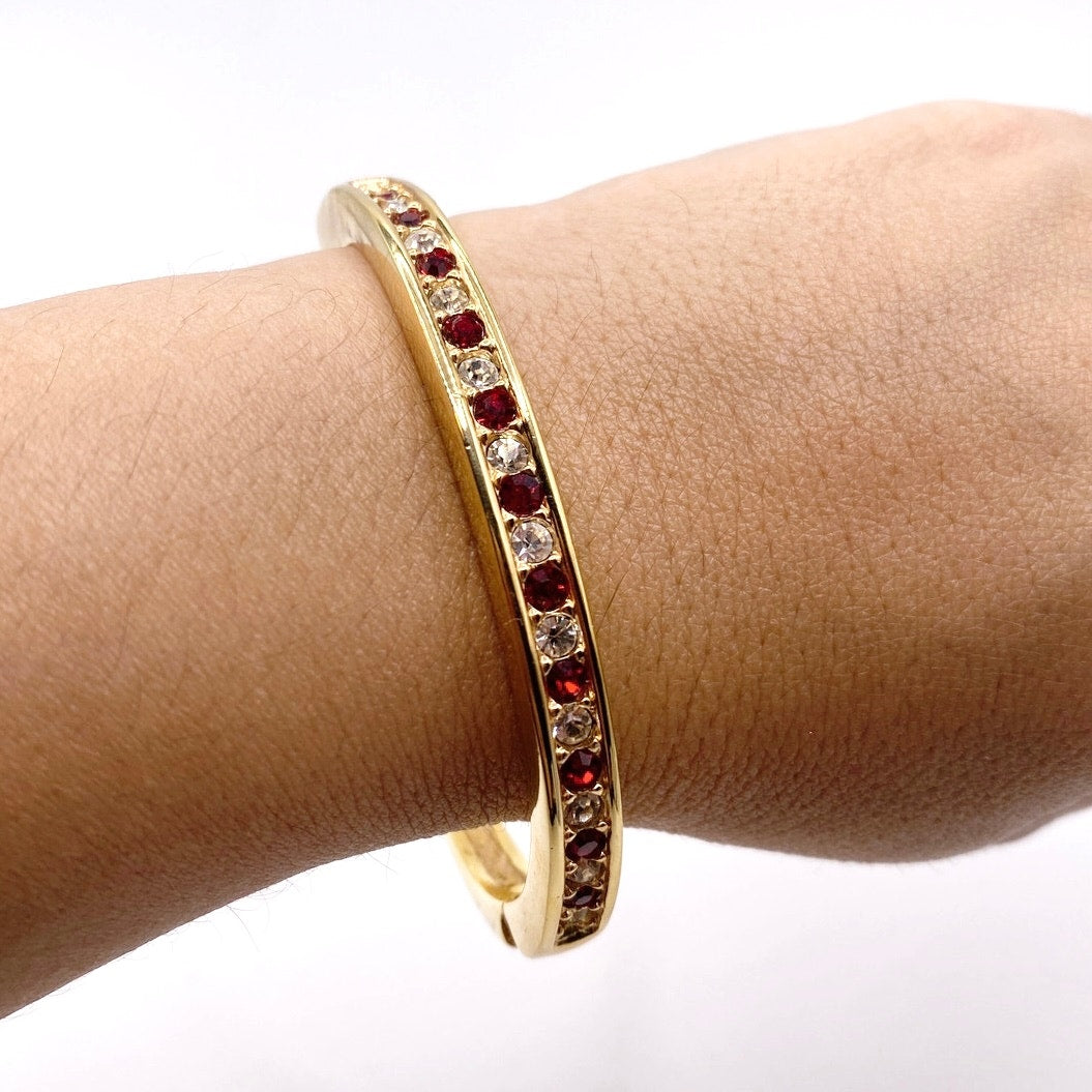 Roman Vintage Bangle Bracelet Gold Tone with Ruby and White Glass Rhinestones 7”