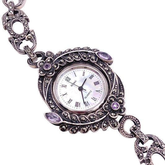 Boma Vintage Sterling Silver With Marcasite And Amethyst Watch 7”