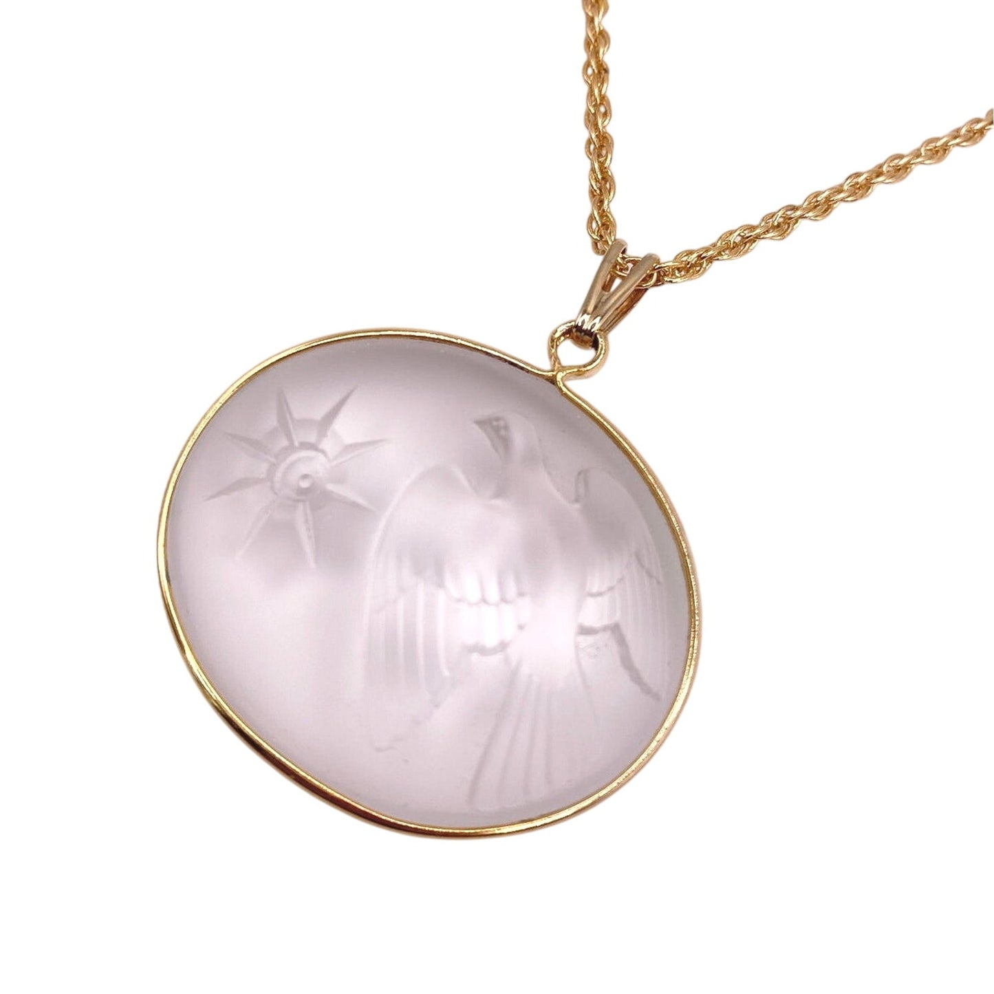 Nina Ricci Lalique Frosted Glass Peace Dove with Star Pendant Necklace Gold Tone