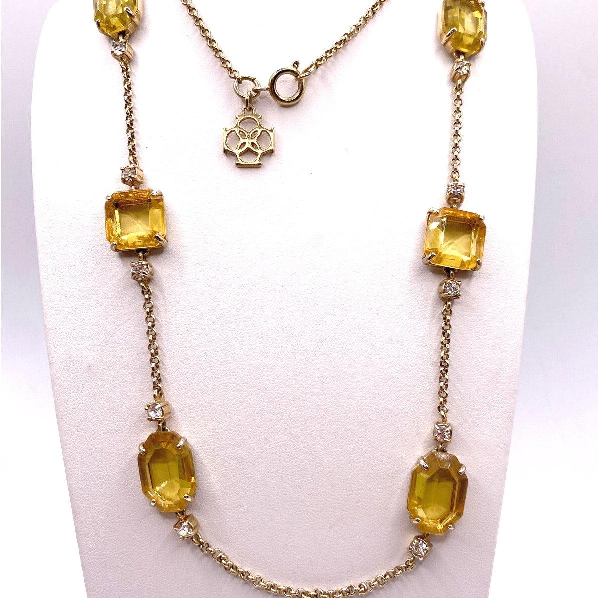 Vntg Ann Taylor Extra Large Necklace with Yellow Square Faceted Glass Stones 30”