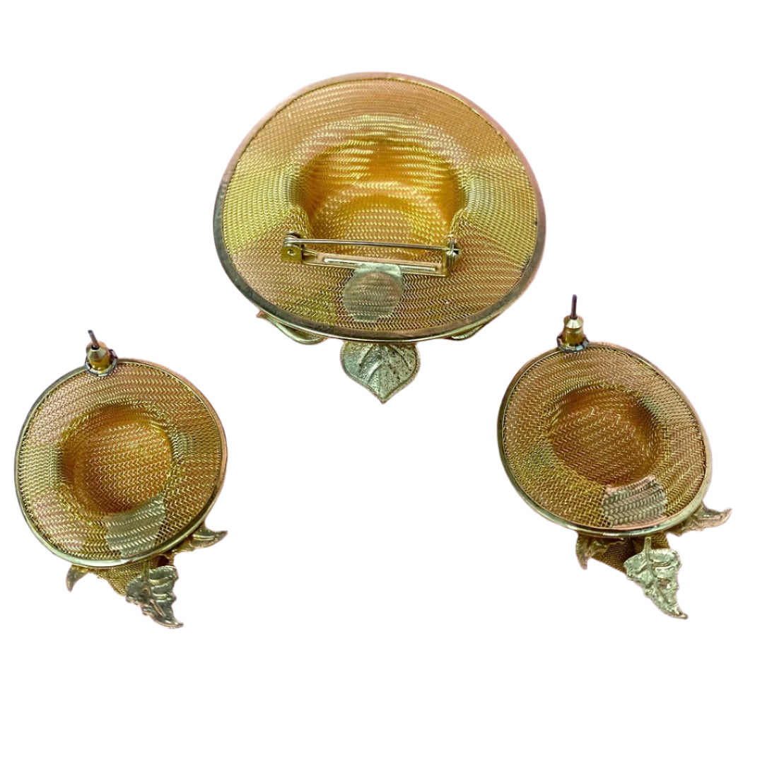 Mesh Metal Hat Pin And Earrings Studs Set
