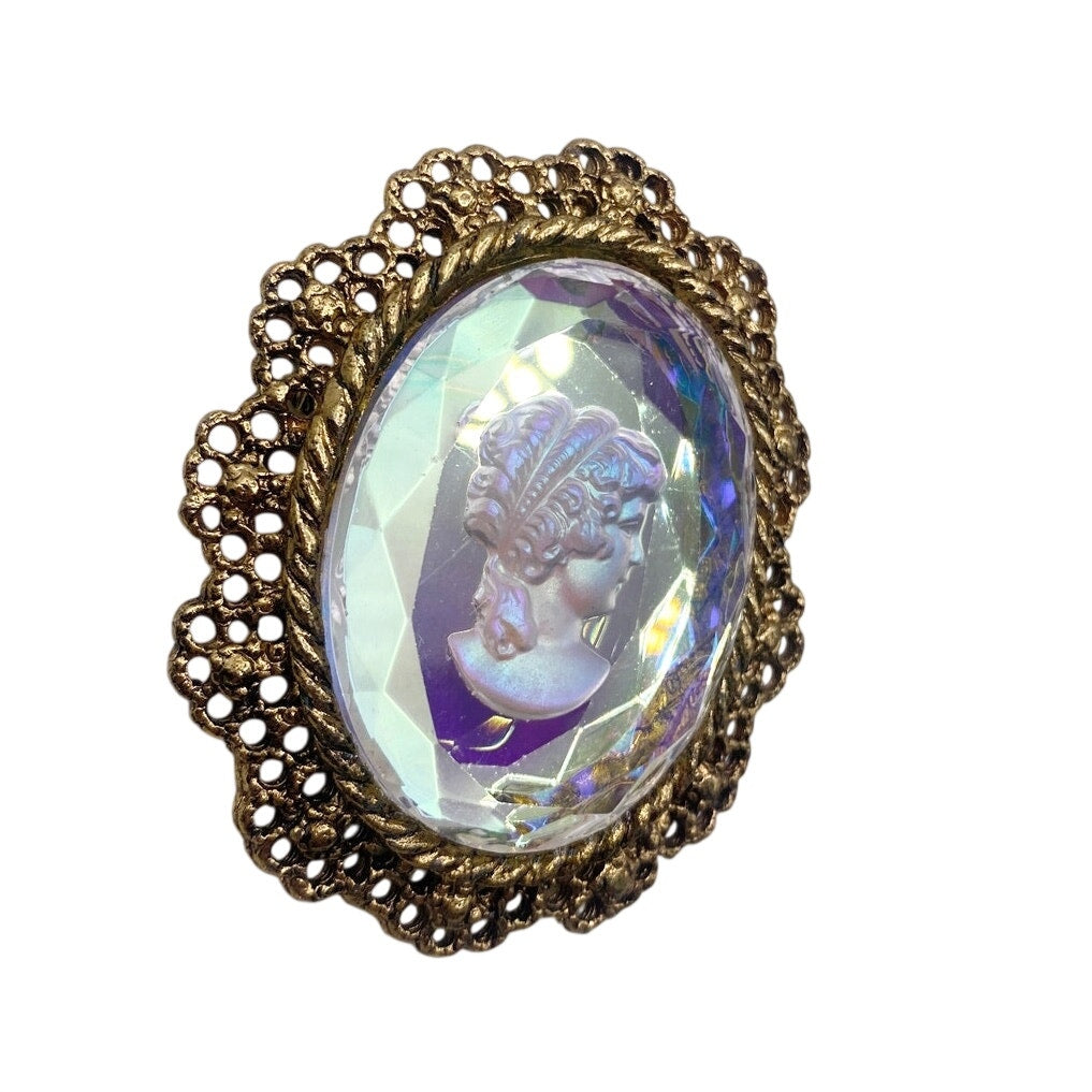 Vintage Brooch and Pendant Intaglio Glass Cameo Gold Tone Filigree Chrome 2”