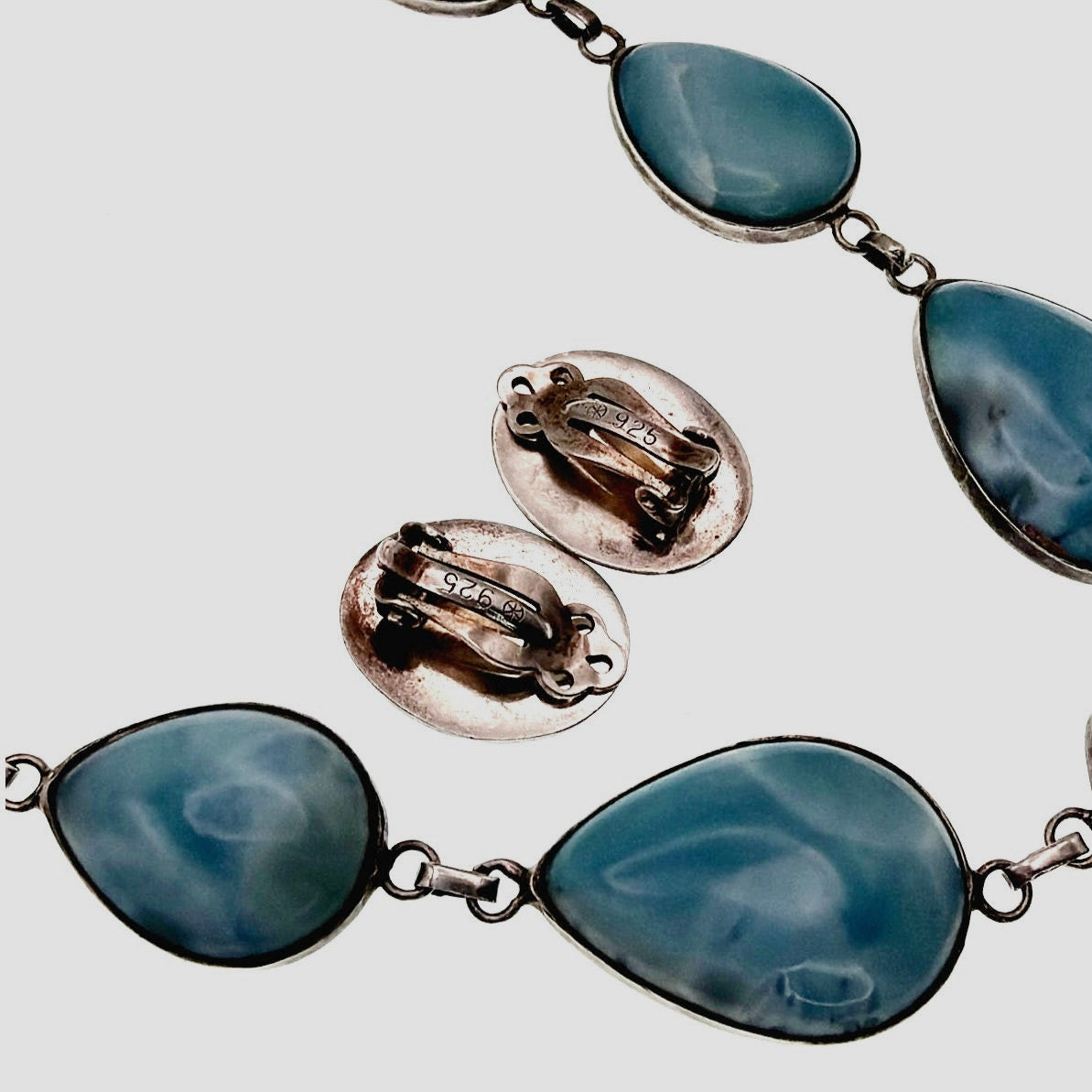 Sterling Silver And Larimar Gemstones Necklace 18” and Clip on Earrings Set