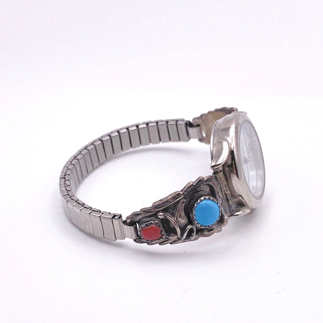 Navajo Sterling Silver Watch Stretchy Wrist Bracelet With Turquoise and Coral