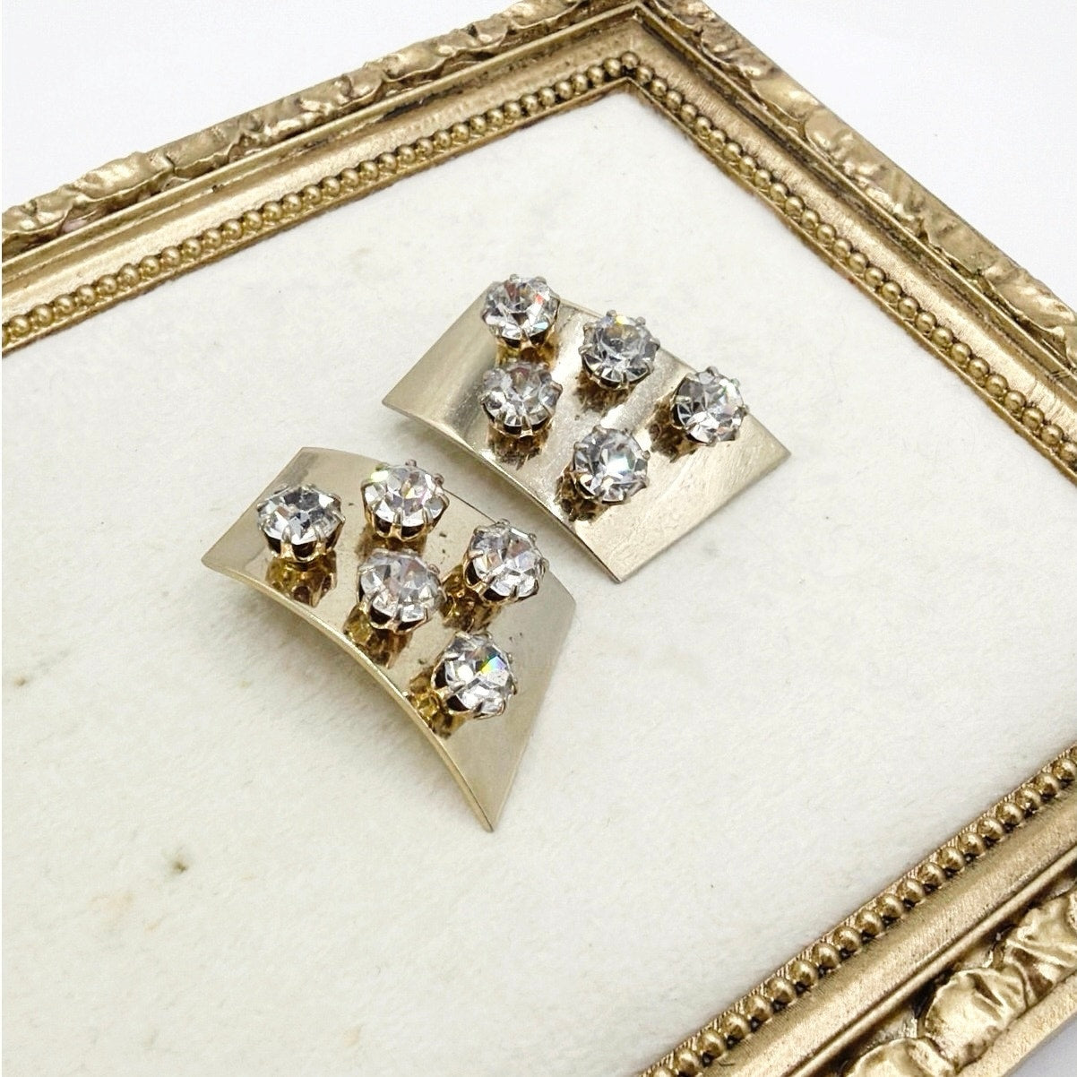 Gold Tone Geometric Vintage Clip On Earrings With Rhinestones 1.3”