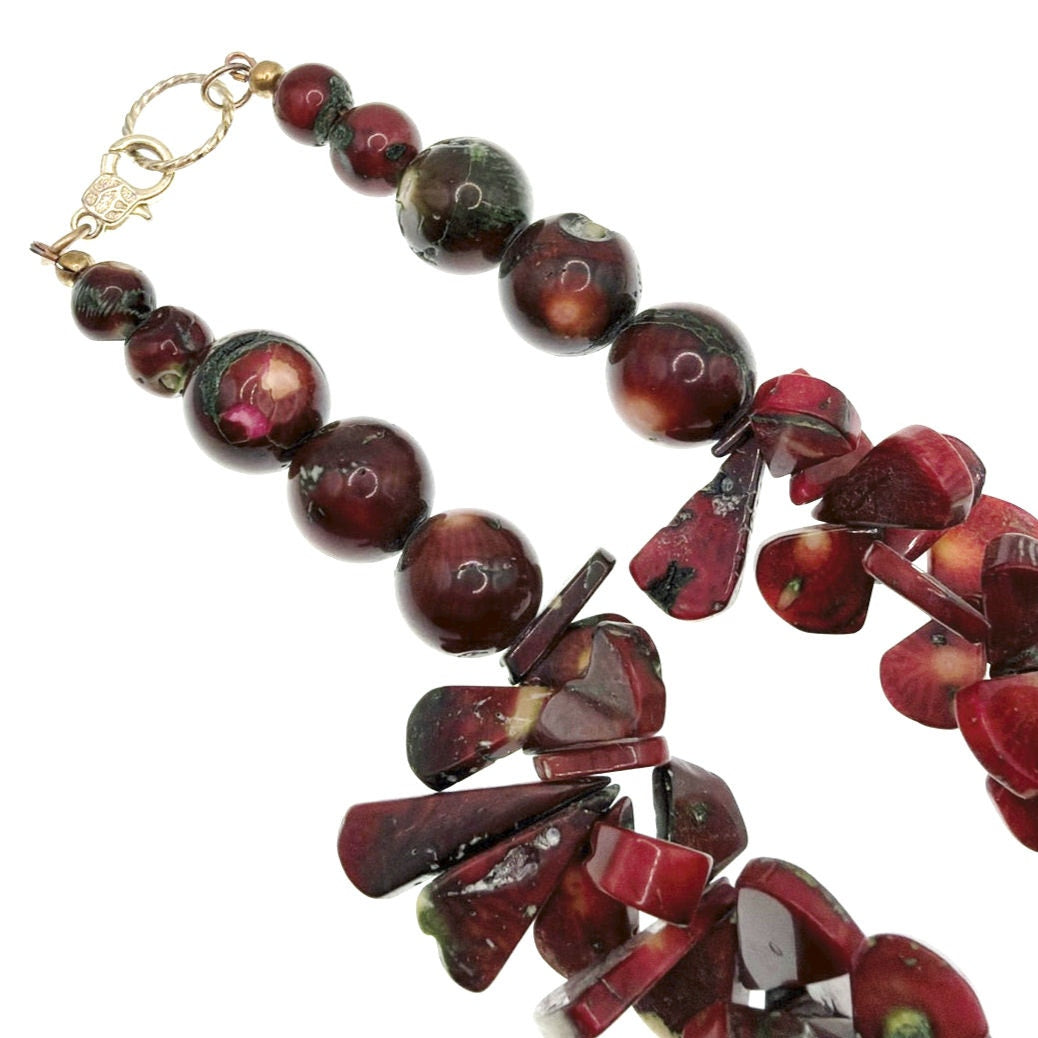 Red Coral Beaded Long Necklace With Chinese Cloisonné Pendant 20”